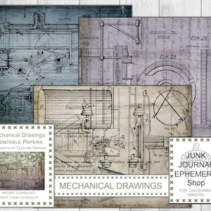 Patenttekeningen Blauwdrukken Afdrukbare papieren, Vintage Ephemera, Mechanische tekeningen, Omgekeerde pagina's