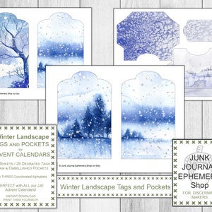 Etiquetas y bolsillos de paisajes invernales, bricolaje navideño, efímera navideña, calendario de Adviento, kit de regalos navideños, descarga digital, tienda de diarios basura