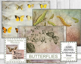 Vintage Butterflies Printables, Reverse Pages, Nature Ephemera, Vintage Watercolor, Watercolor Ephemera, French Ephemera