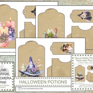 May include: A set of 12 printable Halloween potion tags and pockets. The tags feature a witch's hat, candles, and a book. The pockets are blank and can be used for journaling or other crafts. The text on the image reads "Halloween Potions Tags and Pockets 12 Sets of Tags + Bonus Set Instant Download Print Them Yourself"
