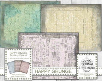 Happy Grunge Reverse Page Printable Papers, Vintage Ephemera, Shabby Blue, Shabby Green, French Ephemera, Scrapbook, Vintage Paper