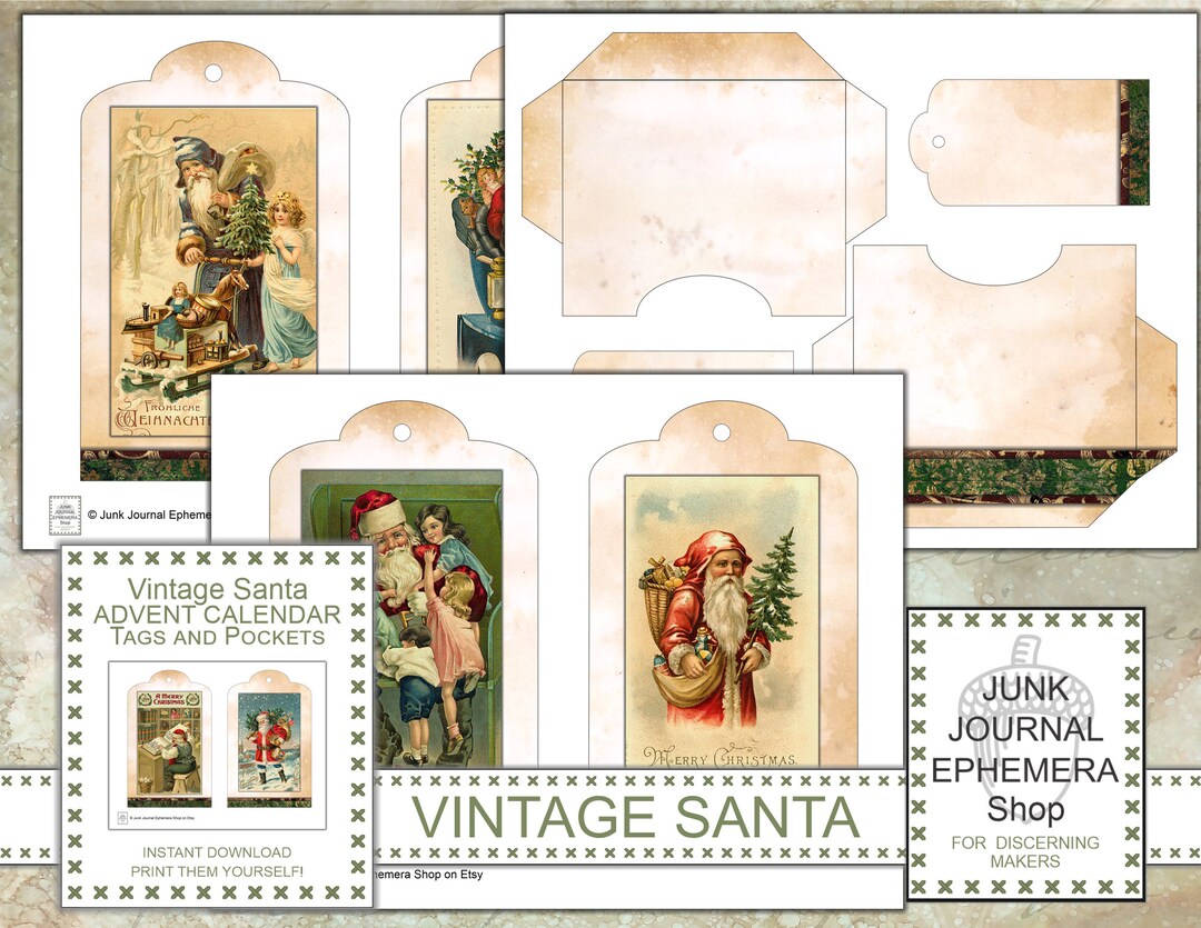 Vintage Santa Advent Calendar Tags and Pockets - Etsy