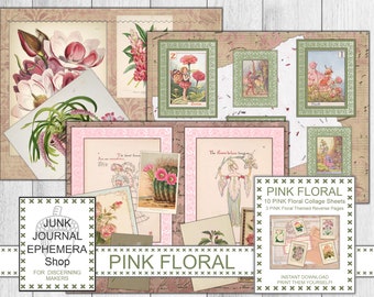 Pink Floral Collage Pages Junk Journal Kit, Pink Flowers, Shabby Pink, Pink Collage Papers, Reverse Pages, Vintage Ephemera