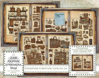 May include: A printable junk journal kit featuring a steampunk furniture catalog. The kit includes 12 decorated pages and a bonus page. The pages are designed to be printed and used to create a unique and personalized junk journal.