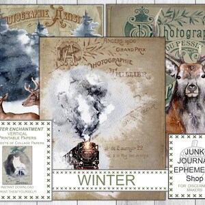 Könnte beinhalten: Ein digitales Collage-Blatt mit Vintage-Bildern eines Zuges, Hirschen und einer Waldszene. Das Blatt ist mit "Winter Enchantment" betitelt und enthält den Text "Vertical Printable Papers, 12 Sheets of Collage Papers".