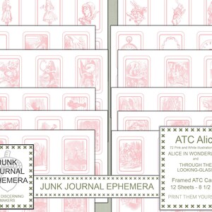 Alice au pays des merveilles et Through Looking-Glass ATC, Toutes les illustrations vintage 1865, Shabby Pink, Alice Tea Party, Junk Journal Ephemera Shop