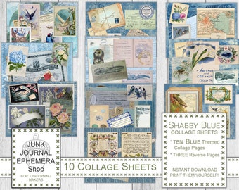 May include: Ten digital collage sheets in a shabby chic style with a blue color scheme. The sheets feature images of birds, flowers, maps, and vintage ephemera. The text "Shabby Blue Collage Sheets" is printed on the bottom of the image. The text "Ten Blue Themed Collage Pages" and "Three Reverse Pages" is also printed on the image. The text "Instant Download Print Them Yourself!" is printed on the bottom of the image.