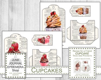 Recipe for a Friend Cupcake Tags and Pockets, Cupcakes  Recipe Cards, Vintage Cookbook