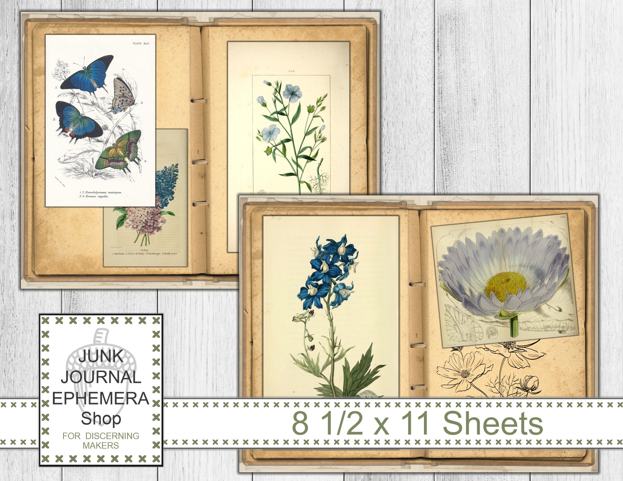 Vintage Blue Floral Album Junk Journal Kit, Shabby Ephemera, Vintage ...