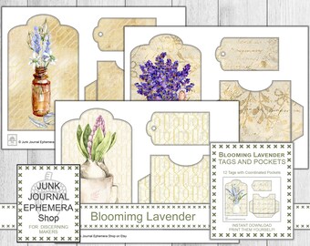 Blooming Lavender Tags and Pockets, Springtime, Gardener’s Gift, French Ephemera, Gardener, Gardening Gift, Purple Flowers, Lilac Flowers