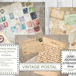 Collagepapieren met postthema, ansichtkaarten, armoedige postzegels, gescheurd papier Ephemera, Junk Journal Ephemera Shop, Journal Cards, Digital Kit