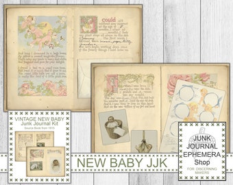Zestaw do dziennika „Vintage Baby Mine Junk”, strony do książki dla dziecka w stylu vintage do druku, dziennik „Shabby Boho New Baby Junk”, książka wspomnień z dzieciństwa w formacie PDF