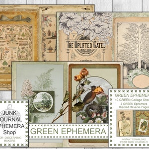 Shabby Green Collage Pages, Junk Journal Kit, Green Ephemera, Green Collage Papers, Reverse Pages