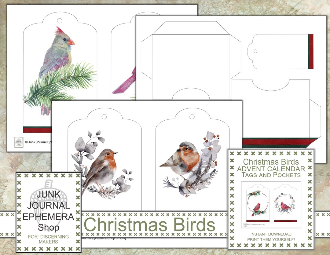 Christmas Birds Advent Calendar Tags and Pockets Etsy