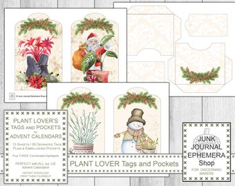 Plant Lover Tags and Pockets, Christmas DIY, Christmas Ephemera, Advent Calendar, Holiday Gift Kit, Digital Download, Junk Journal Shop