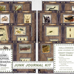 May include: A digital printable junk journal kit with a Halloween theme. The kit includes 8 decorated pages, 1 blank page, blank postage stamps, front and back covers, a spine, and 5 reverse pages. The kit features a creepy crawly stamp album design with images of insects, snakes, and other creepy crawlies.