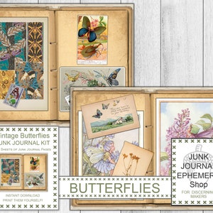 Vintage vlinders junk Journal Kit, natuur ephemera, vintage aquarel, aquarel ephemera