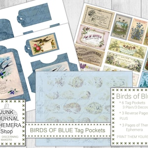 Birds of Blue Loaded Pockets, Tags and Pockets, Shabby Blue Tags, Junk Journal Kit, Journal Kit Ephemera
