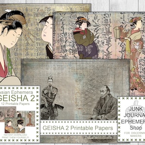 Aziatische Ephemera Geisha 2 afdrukbare pagina&#39;s, Japanse Ephemera, Chinese Ephemera, Kimono