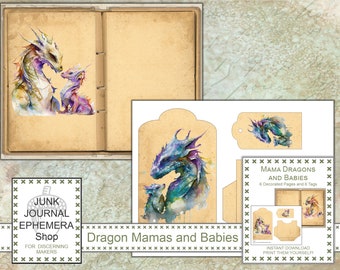 Watercolor Dragons Junk Journal Kit, Tags and Pockets