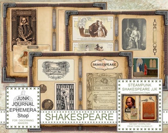 May include: A digital printable journal kit with a steampunk theme featuring images of Shakespeare and his works. The kit includes 12 embellished pages with text and illustrations. The kit is an instant download and can be printed at home.