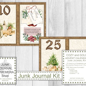 Cozy and Gold Advent Calendar Junk Journal Kit, Christmas Holiday Gift Kit, DIY Christmas Calendar, Digital Download, Junk Journal Shop