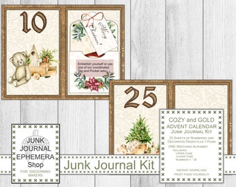 Cozy and Gold Advent Calendar Junk Journal Kit, Christmas Holiday Gift Kit, DIY Christmas Calendar, Digital Download, Junk Journal Shop