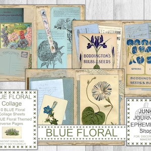 Blue Floral Collage Pages Junk Journal Kit, Blue Flowers, Shabby Blue, Blue Collage Papers, Reverse Pages, Vintage Ephemera
