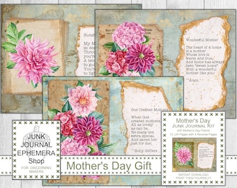 Peut inclure: Ensemble d'éphémères numériques pour un journal de récupération, avec des illustrations à l'aquarelle de dahlias roses et du texte. Le design comprend diverses textures de papier, des citations et le texte "Mother's Day Gift".