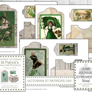 Etiquetas e bolsos vitorianos de São Patrício, cartão postal gasto, cartão postal vintage, etiqueta para presente, cartão postal vintage, cartão postal grunge St Patrick, cartão de São Patrício