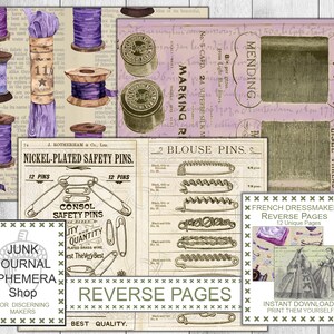 Puede incluir: Un collage digital de efímeras de costura y confección vintage, que incluye carretes de hilo, imperdibles y un folleto de páginas invertidas de una modista francesa. La imagen presenta una combinación de colores crema y morado claro con un aspecto vintage y desgastado.