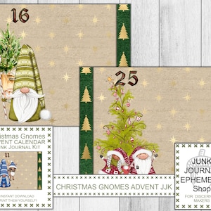 Kalendarz adwentowy Christmas Gnomes Junk Journal Kit, Boże Narodzenie DIY, Wigilia, Zestaw prezentów świątecznych, Kalendarz świąteczny