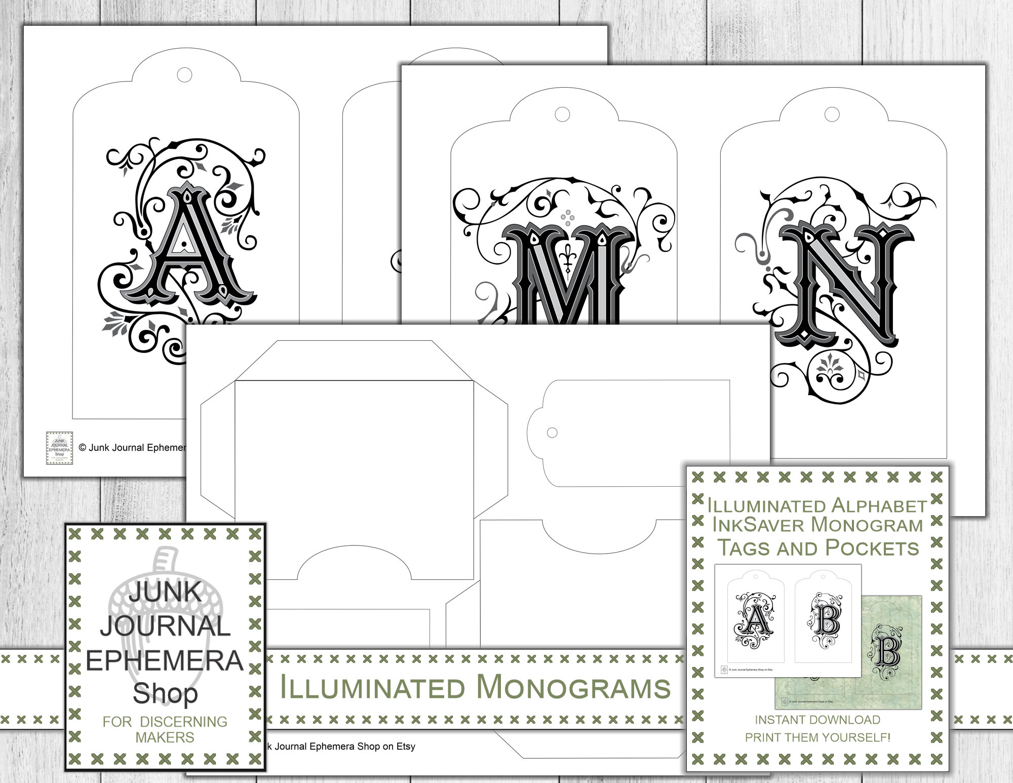 Illuminated Alphabet Monograms Tags and Pockets Ink Saver 