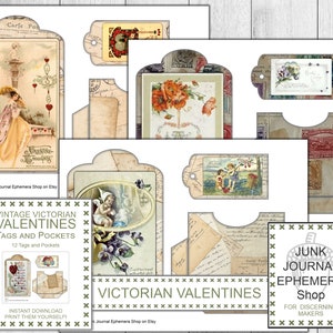 Etiquetas e bolsos vitorianos para namorados, surrados, vintage, etiqueta para presente, São Valentim, grunge, cartão-presente, papel vintage, corações vermelhos