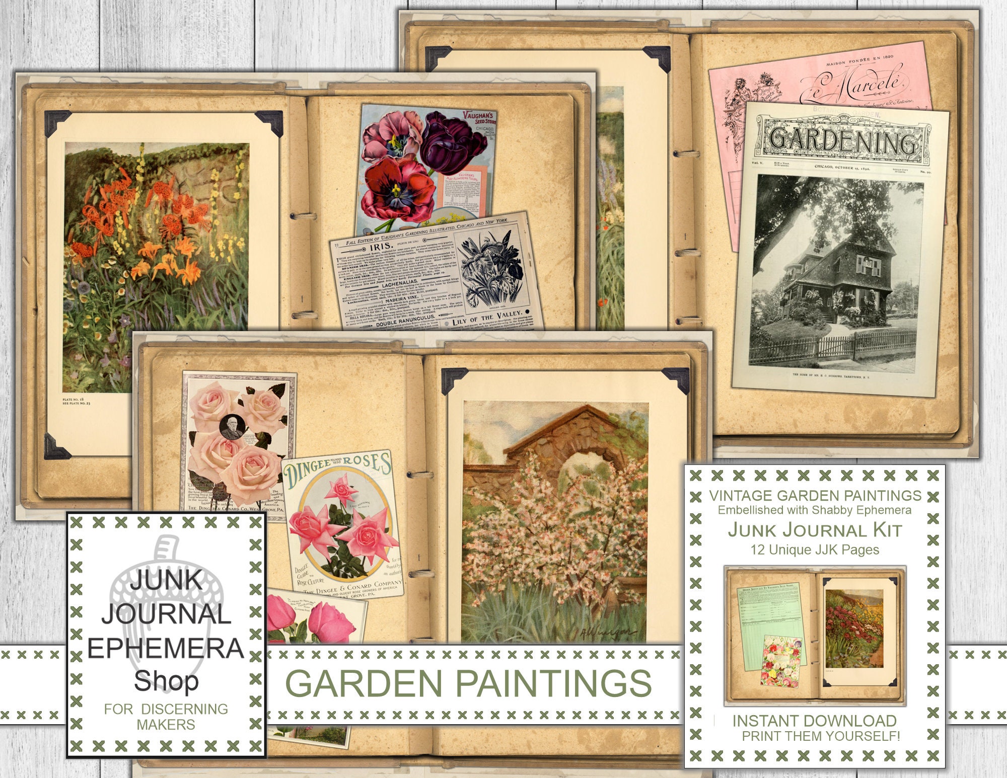 Vintage Garden Shabby Ephemera Garden Paintings Junk Journal Kit, Seed Packets, Spring