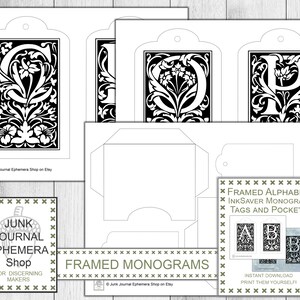 Framed Alphabet Monograms Tags and Pockets, Ink Saver, Antique Alphabet