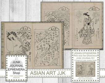Asian Ephemera Pen and Ink Drawings Junk Journal Kit, Japanese Ephemera, Chinese Ephemera, Geisha