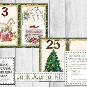 Kit de diario basura del calendario de Adviento rojo y verde, Navidad, kit de regalo navideño, calendario de Navidad de bricolaje, descarga digital, tienda de diario basura