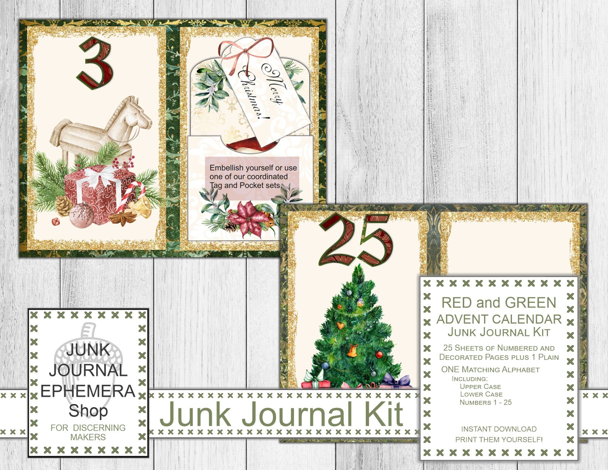 Red and Green Advent Calendar Junk Journal Kit, Christmas, Holiday Gift