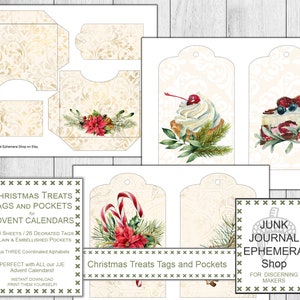 Etiquetas y bolsillos de golosinas navideñas, bricolaje navideño, efímera navideña, calendario de adviento, kit de regalos navideños, descarga digital, tienda de diarios basura