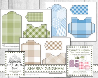 Gingham Tags and Pockets, Junk Journal Ephemera, Shabby Pink, Shabby Blue, Shabby Green, Shabby Purple, Junk Journal Kit, Loaded Pockets
