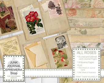 All Roses Junk Journal Pages, Journal Cards, Shabby Pink, Collage Papers, Reverse Pages, Vintage Postcards, Junk Journal Ephemera Shop