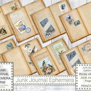 May include: Printable junk journal pages featuring a vintage aesthetic with images of birds, flowers, and handwritten text. The pages are designed for use in creating unique and personalized journals.
