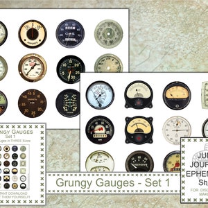 May include: A digital download of 24 vintage-style gauges in three sizes. The gauges are in various colours, including black, white, and red. The gauges are labelled with numbers and words, such as "amperes" and "speed". The gauges are perfect for adding a vintage touch to your crafts and projects.