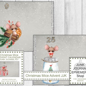 Kalendarz adwentowy Christmas Mice Junk Journal Kit, Boże Narodzenie DIY, Wigilia, Zestaw prezentów świątecznych, Kalendarz świąteczny