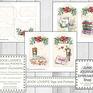 Book Lover Gift Tags and Pockets, Christmas DIY, Christmas Ephemera, Advent Calendar, Xmas Gift Kit, Digital Download, Junk Journal Shop