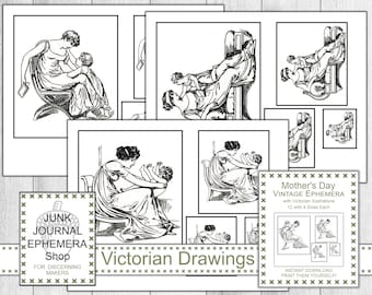 Moederdag Victoriaanse tekeningen Ephemera