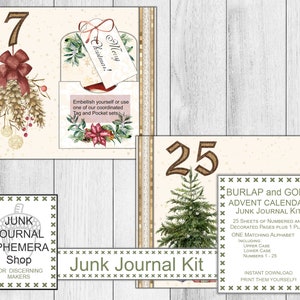 Burlap and Gold Advent Calendar Junk Journal Kit, Christmas Holiday Gift Kit, DIY Christmas Calendar, Digital Download, Junk Journal Shop