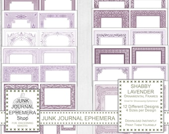 Shabby Lavender Ephemera Frames, Journal Cards, ATC, Decorative, Junk Journal Ephemera Shop, Purple, Digi Kit, Printable, Download Now