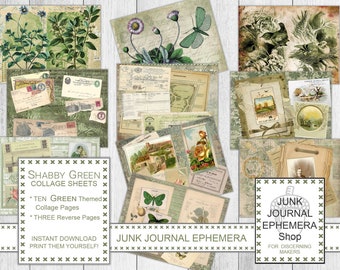 Shabby Green Themed Collage Junk Journal Kit, Shabby Green Reverse pages, Junk Journal Ephemera Shop, Vintage Download, Printable Sheets